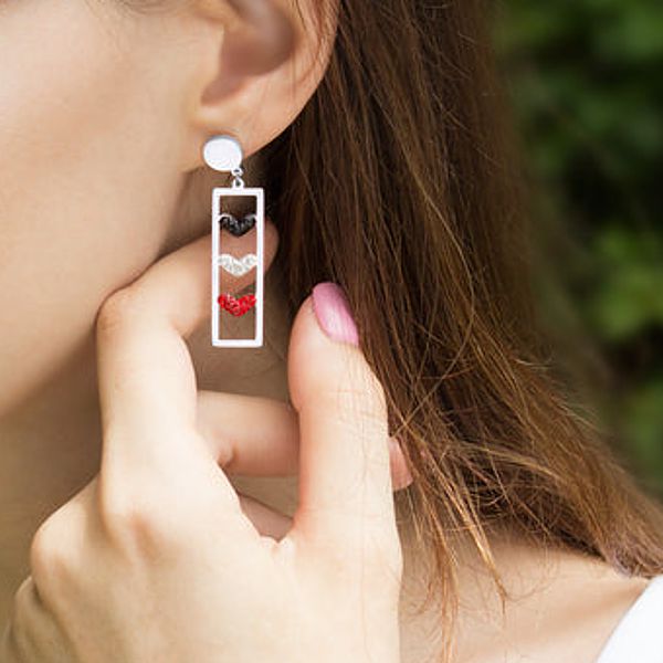 Stainless Steel Black, White, Red Hearts Rectangle Earrings